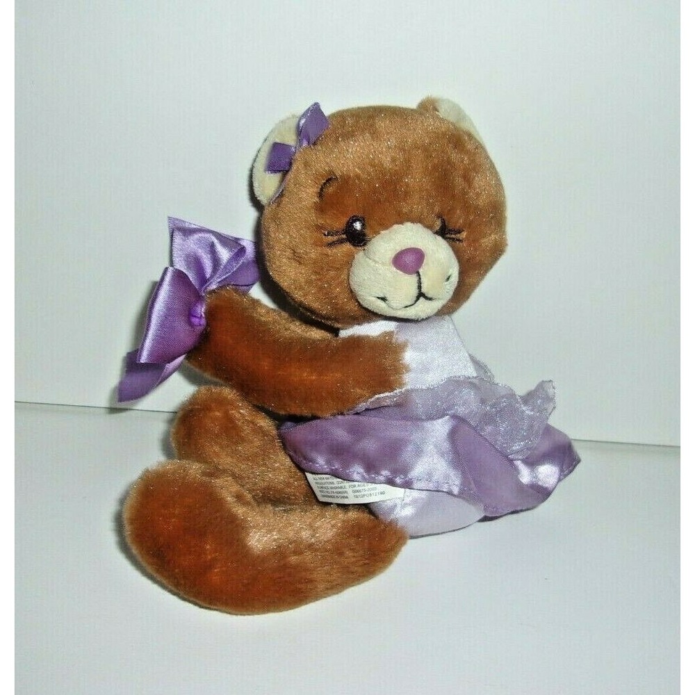 Aurora World People Pals Brown Teddy Bear Ballerina Purple Ribbon Bow Plush 8"